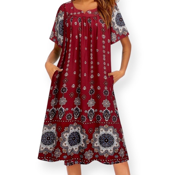 Ekouaer Dresses & Skirts - Ekouaer Womens Muu Muu House Dress Maroon Boho Floral Mandala Print Pockets Lg